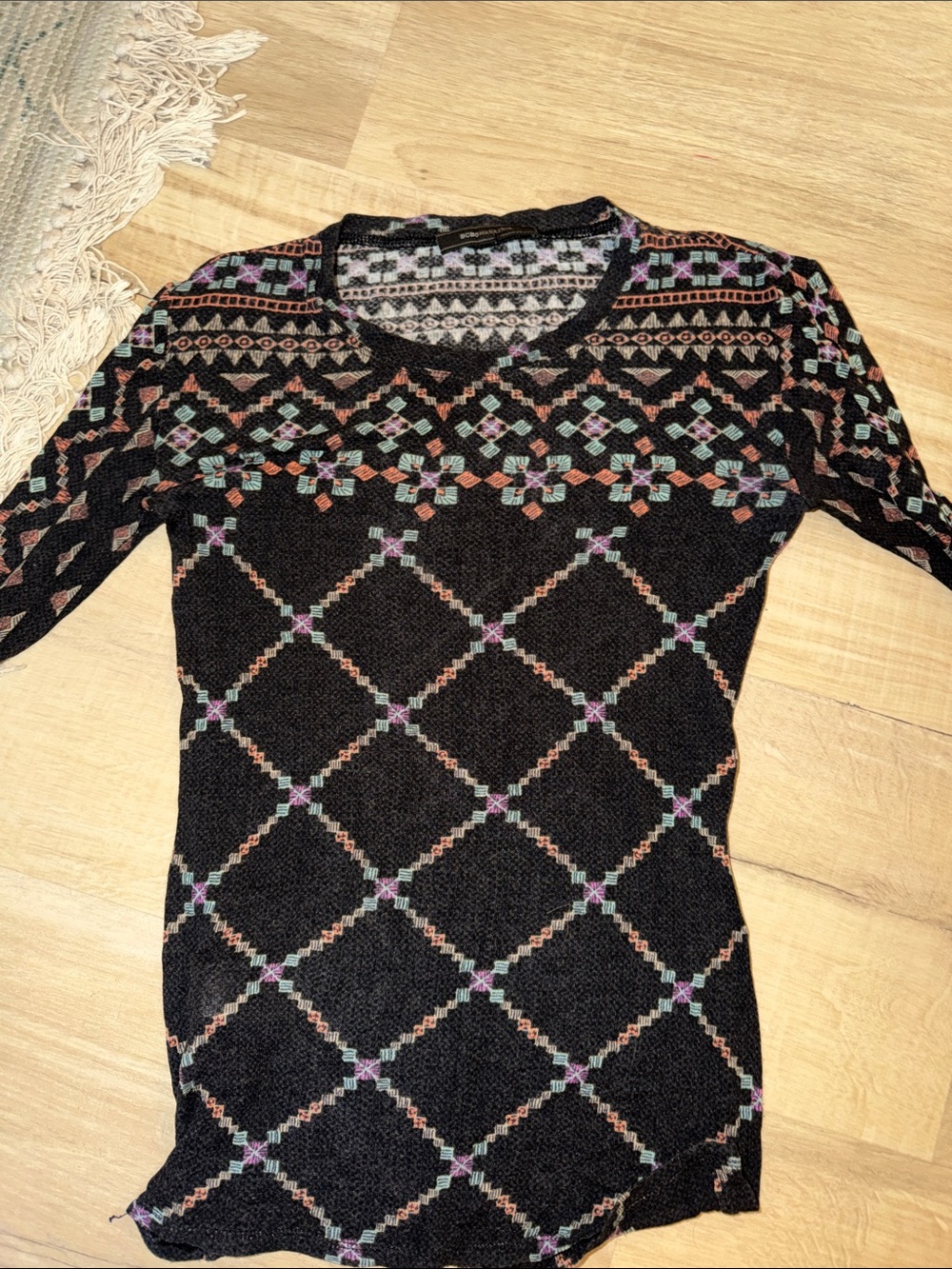 BCBG Black Patterned Knit Top with Multicolor Accents